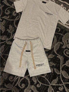 Essentials Heather Gray Tee and Shorts Set with Tan Drawcords